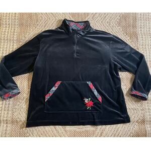 90s Black Poinsettia Embroidered detail Velour Pullover with Plaid contrast
